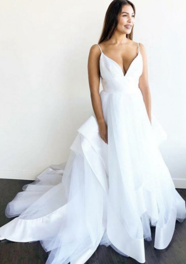 Ruffles V-Neck Sleeveless Ball Gown Wedding Dress with Chapel Train in Tulle BM bride