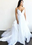 Ruffles V-Neck Sleeveless Ball Gown Wedding Dress with Chapel Train in Tulle BM bride