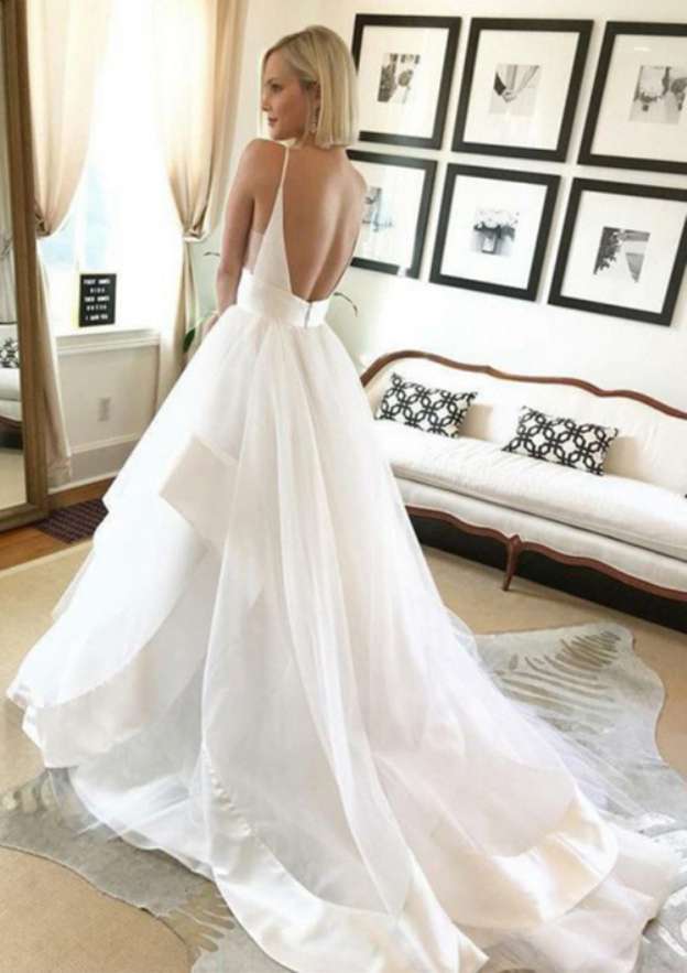 Ruffles V-Neck Sleeveless Ball Gown Wedding Dress with Chapel Train in Tulle BM bride