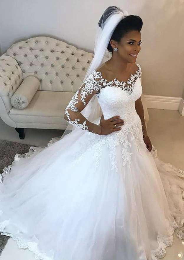 Appliqued Lace Full Long Sleeve Ball Gown with Scoop Neckline and Long Floor-Length Tulle BM bride