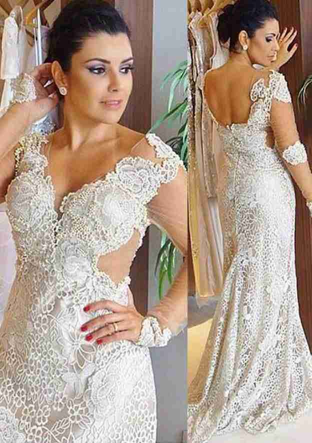 Sophisticated Scalloped Neck Full-Length Lace Wedding Dress with Sweep Train and Appliqued Details in Sheath/Column Fit BM bride
