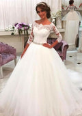 Elegant Ball Gown: Bateau Neck 3/4 Sleeve with Court Train and Tulle Lace Waistband BM bride