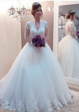 Appliqued Lace Hem Full/Long Sleeve Wedding Dress with Scalloped Neckline and Sweep Train in Ball Gown Style, made of Tulle BM bride