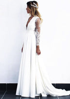 Lace A-Line Wedding Dress with Full/Long Sleeves, V-Neckline, Court Train, and Elastic Satin Fabric BM bride