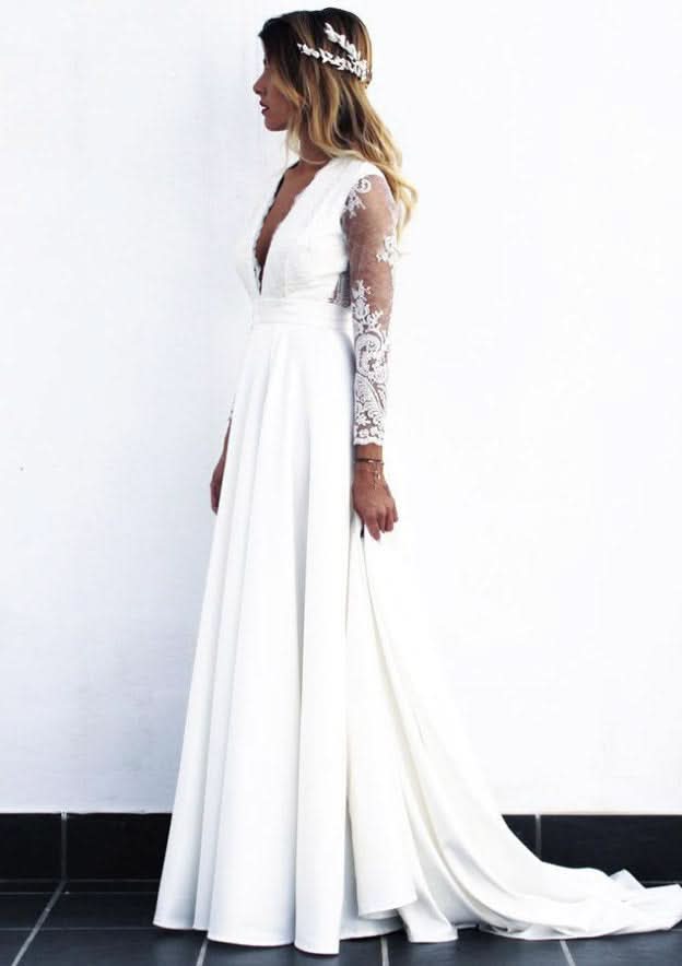 Lace A-Line Wedding Dress with Full/Long Sleeves, V-Neckline, Court Train, and Elastic Satin Fabric BM bride