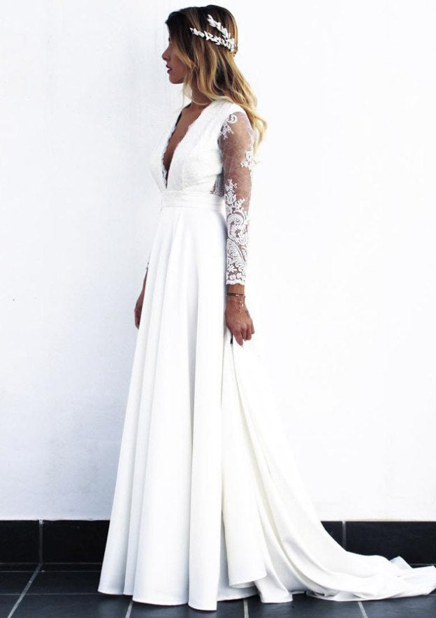 Lace A-Line Wedding Dress with Full/Long Sleeves, V-Neckline, Court Train, and Elastic Satin Fabric BM bride