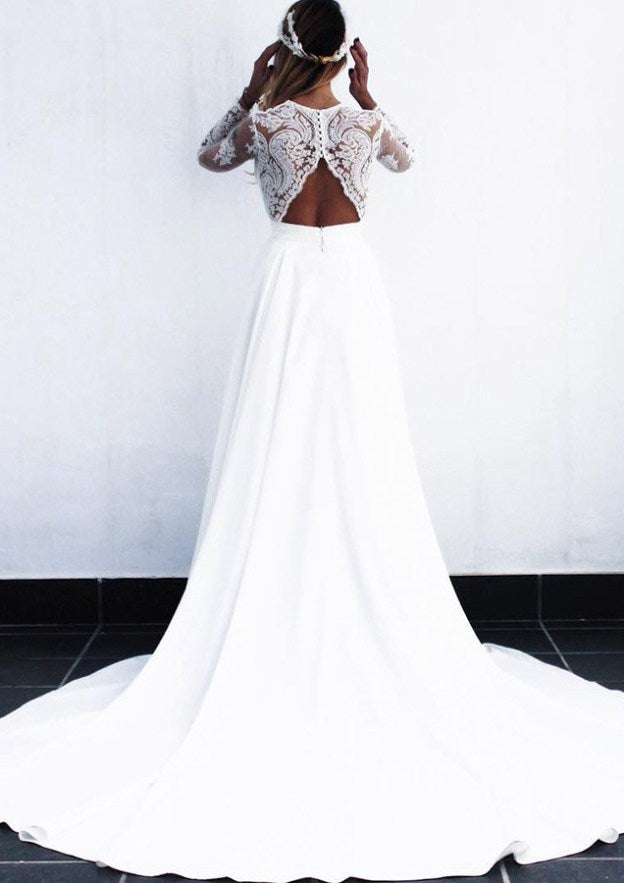 Lace A-Line Wedding Dress with Full/Long Sleeves, V-Neckline, Court Train, and Elastic Satin Fabric BM bride