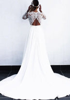 Lace A-Line Wedding Dress with Full/Long Sleeves, V-Neckline, Court Train, and Elastic Satin Fabric BM bride