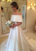 A-Line/Princess Off-the-Shoulder Half Sleeve Satin Wedding Dress with Court Train BM bride