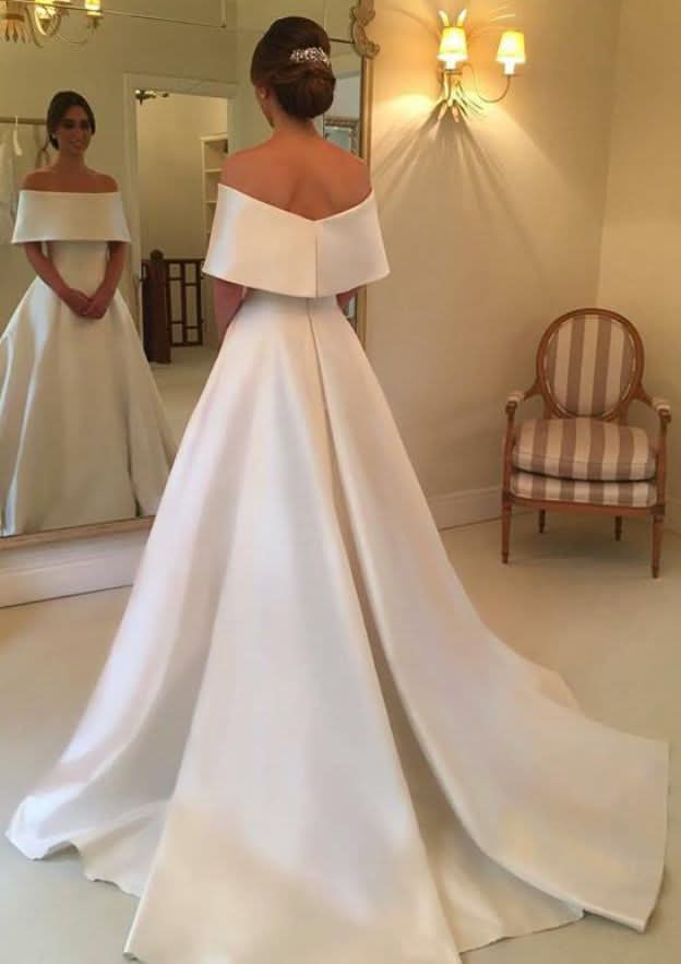 A-Line/Princess Off-the-Shoulder Half Sleeve Satin Wedding Dress with Court Train BM bride