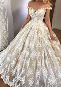 Charming Off-the-Shoulder Lace Ball Gown Wedding Dress with Sleeveless Design BM bride