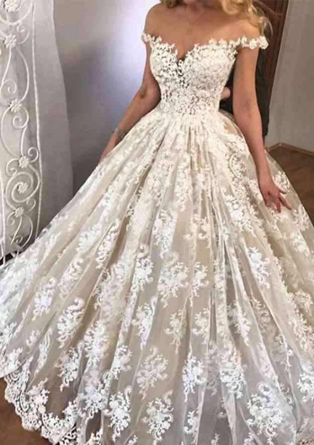 Charming Off-the-Shoulder Lace Ball Gown Wedding Dress with Sleeveless Design BM bride