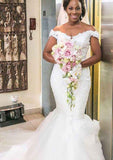 Charming Off-the-Shoulder Sleeveless Court Train Tulle Wedding Dress with Lace Details in Trumpet/Mermaid Design BM bride