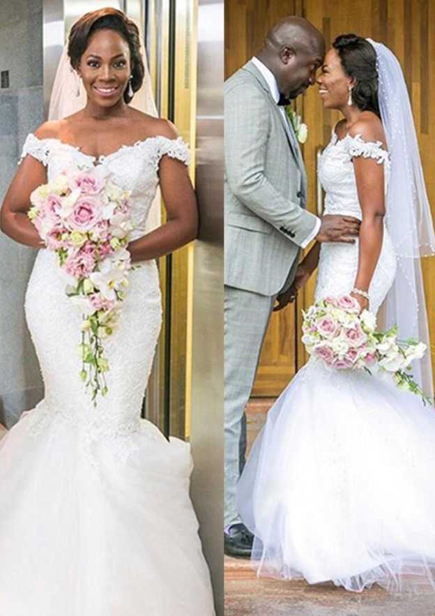 Charming Off-the-Shoulder Sleeveless Court Train Tulle Wedding Dress with Lace Details in Trumpet/Mermaid Design BM bride