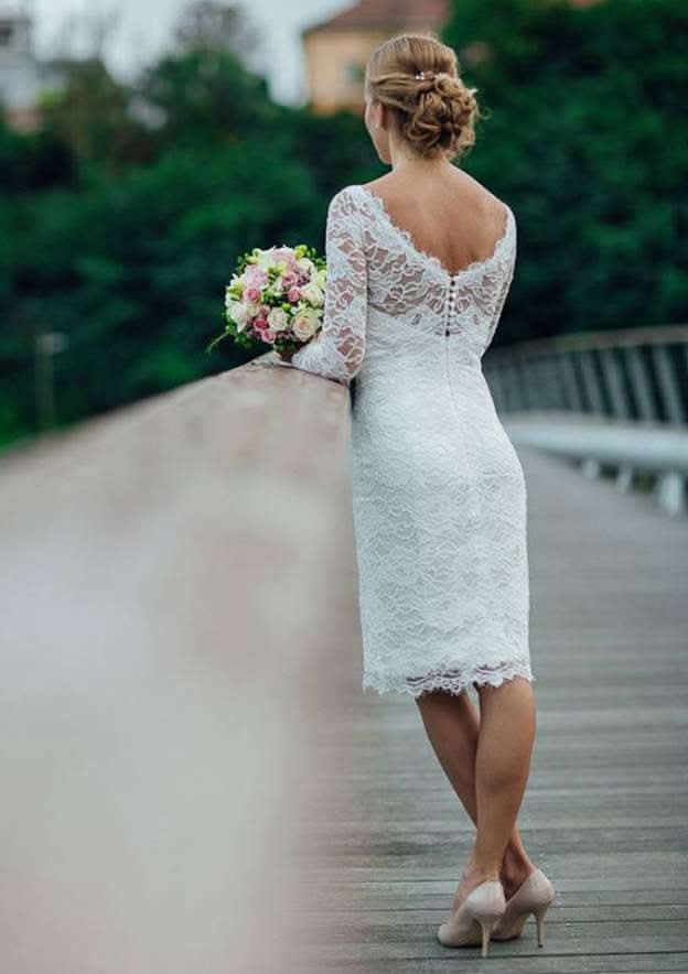 Lace Sheath/Column Wedding Dress with Half Sleeves and Knee-Length Bateau Design BM bride