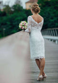 Lace Sheath/Column Wedding Dress with Half Sleeves and Knee-Length Bateau Design BM bride