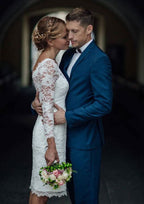 Lace Sheath/Column Wedding Dress with Half Sleeves and Knee-Length Bateau Design BM bride