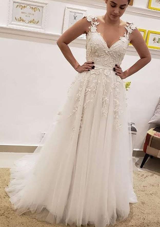 Appliqued A-Line/Princess V-Neck Sleeveless Wedding Dress with Sweep Train in Tulle BM bride