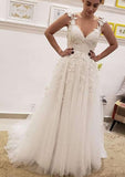 Appliqued A-Line/Princess V-Neck Sleeveless Wedding Dress with Sweep Train in Tulle BM bride