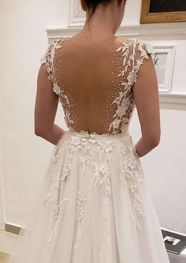 Appliqued A-Line/Princess V-Neck Sleeveless Wedding Dress with Sweep Train in Tulle BM bride