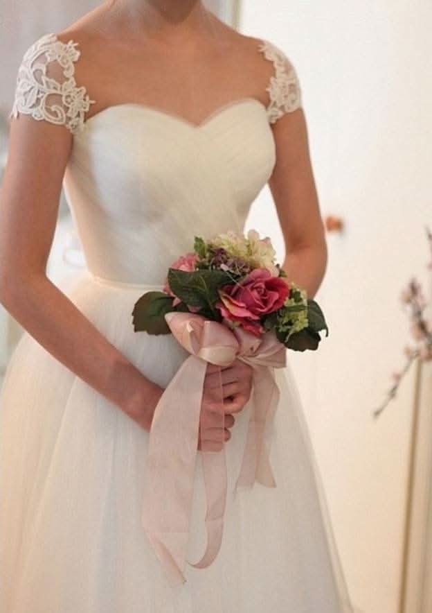 Lace Sweetheart Sleeveless A-Line Wedding Dress with Court Train and Tulle Skirt BM bride