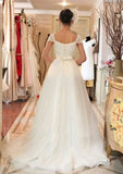 Lace Sweetheart Sleeveless A-Line Wedding Dress with Court Train and Tulle Skirt BM bride