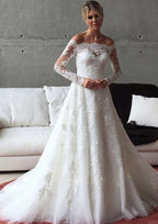 Appliqued Beading Lace Wedding Dress with Sweep Train, Off-The-Shoulder Design, and Full/Long Sleeves in Tulle for A-Line Style BM bride