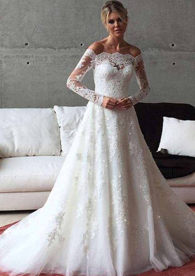 Appliqued Beading Lace Wedding Dress with Sweep Train, Off-The-Shoulder Design, and Full/Long Sleeves in Tulle for A-Line Style BM bride