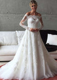 Appliqued Beading Lace Wedding Dress with Sweep Train, Off-The-Shoulder Design, and Full/Long Sleeves in Tulle for A-Line Style BM bride