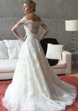 Appliqued Beading Lace Wedding Dress with Sweep Train, Off-The-Shoulder Design, and Full/Long Sleeves in Tulle for A-Line Style BM bride