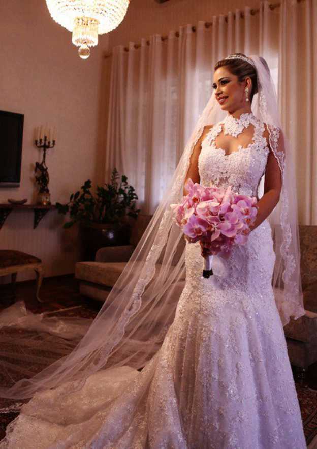 Appliqued High-Neck Sleeveless Sheath/Column Wedding Dress with Court Train in Lace BM bride