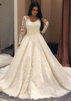 Timeless Full-Length Chapel Train Lace Wedding Dress with Long Sleeves and Elegant Ball Gown Bateau Design BM bride