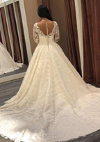 Timeless Full-Length Chapel Train Lace Wedding Dress with Long Sleeves and Elegant Ball Gown Bateau Design BM bride