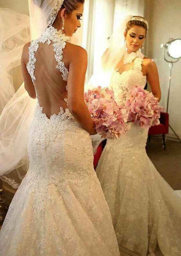 Appliqued High-Neck Sleeveless Sheath/Column Wedding Dress with Court Train in Lace BM bride