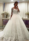 Appliqued Lace A-Line/Princess Bateau Wedding Dress with 3/4 Sleeves and Sweep Train in Tulle BM bride
