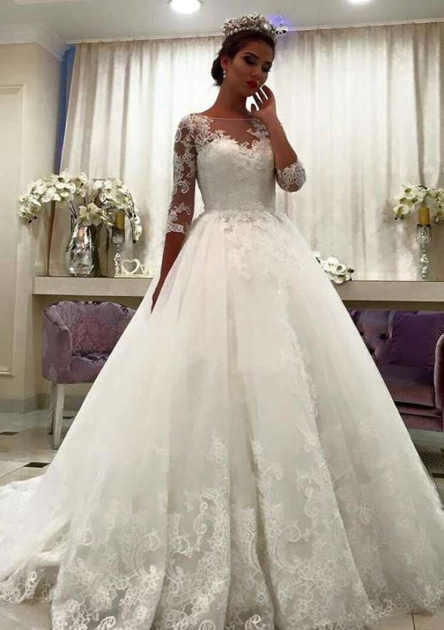 Appliqued Lace A-Line/Princess Bateau Wedding Dress with 3/4 Sleeves and Sweep Train in Tulle BM bride