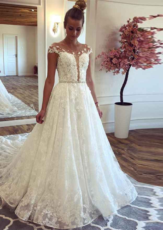 Appliqued Waistband Scoop Neck Sleeveless A-Line Wedding Dress with Court Train in Lace BM bride