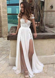 Appliqued Lace Split Short Sleeve A-Line Wedding Dress with Long Chiffon Skirt BM bride