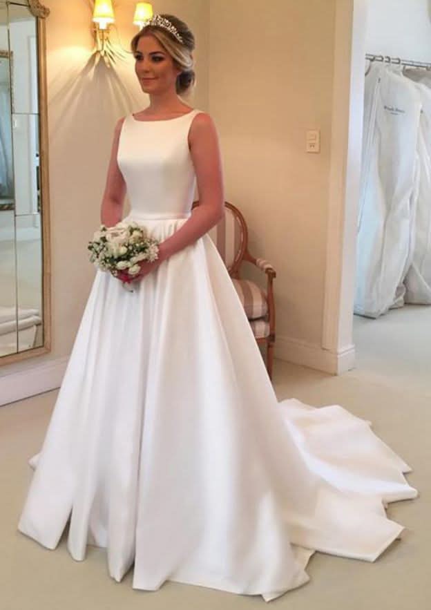 Sophisticated A-Line/Princess Bateau Sleeveless Satin Wedding Dress with Court Train and Waistband Bowknot BM bride