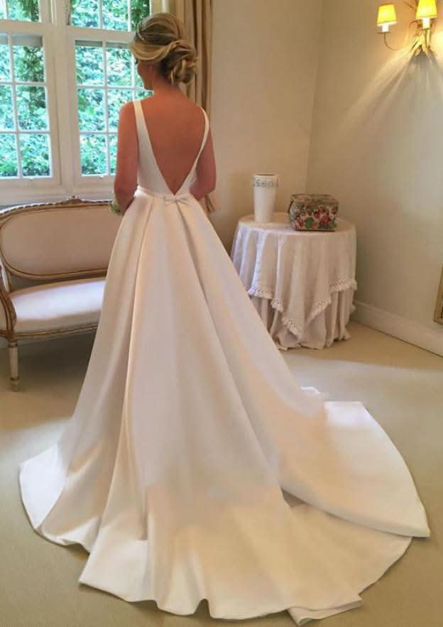 Sophisticated A-Line/Princess Bateau Sleeveless Satin Wedding Dress with Court Train and Waistband Bowknot BM bride