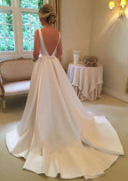 Sophisticated A-Line/Princess Bateau Sleeveless Satin Wedding Dress with Court Train and Waistband Bowknot BM bride