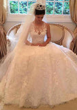 Appliqued Lace A-Line/Princess Wedding Dress with Scoop Neckline and Sleeveless Design, Featuring a Court Train BM bride