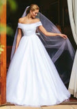 Appliqued Off-The-Shoulder Ball Gown Wedding Dress with Sleeveless Design and Long Tulle Skirt BM bride
