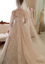 Appliqued Lace A-Line/Princess Wedding Dress with Scoop Neckline and Sleeveless Design, Featuring a Court Train BM bride
