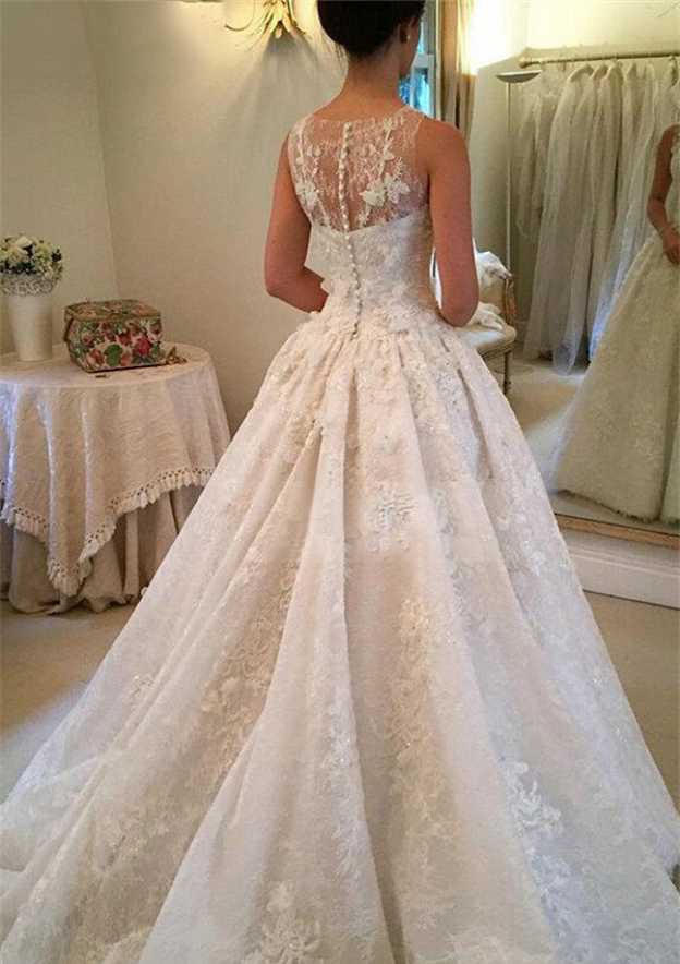 Appliqued Lace A-Line/Princess Wedding Dress with Scoop Neckline and Sleeveless Design, Featuring a Court Train BM bride