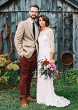 Sophisticated A-Line/Princess Off-the-Shoulder 3/4 Sleeve Sweep Train Lace Wedding Dress with Sashes BM bride