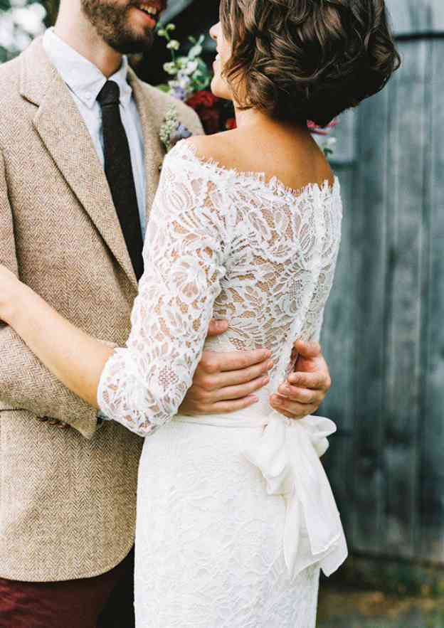 Sophisticated A-Line/Princess Off-the-Shoulder 3/4 Sleeve Sweep Train Lace Wedding Dress with Sashes BM bride