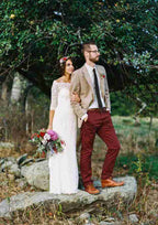 Sophisticated A-Line/Princess Off-the-Shoulder 3/4 Sleeve Sweep Train Lace Wedding Dress with Sashes BM bride