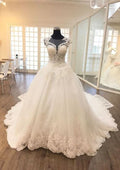 Appliqued Lace Ball Gown Wedding Dress with Scoop Neckline, Sleeveless Design, and Chapel Train in Tulle BM bride