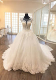 Appliqued Lace Ball Gown Wedding Dress with Scoop Neckline, Sleeveless Design, and Chapel Train in Tulle BM bride